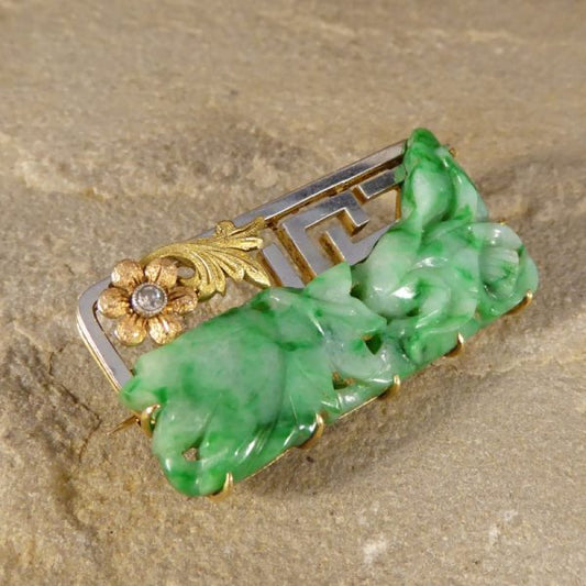 Antique Victorian Diamond Set Carved Jade Brooch