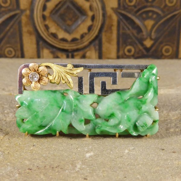 Antique Victorian Diamond Set Carved Jade Brooch