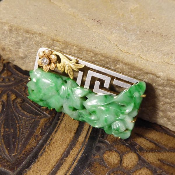 Antique Victorian Diamond Set Carved Jade Brooch