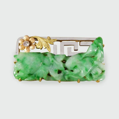 Antique Victorian Diamond Set Carved Jade Brooch