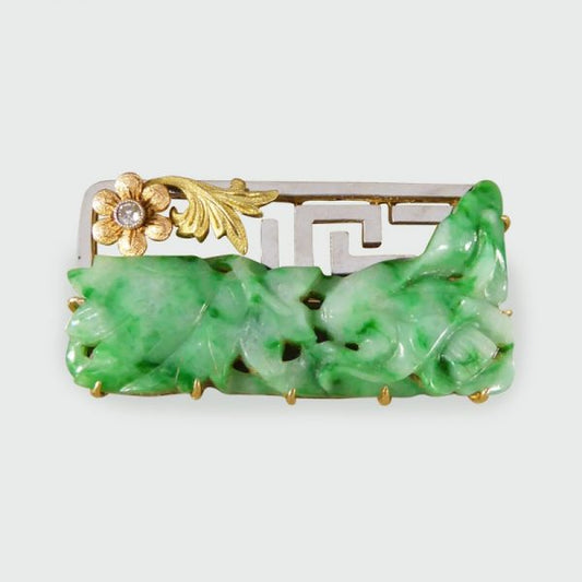 Antique Victorian Diamond Set Carved Jade Brooch