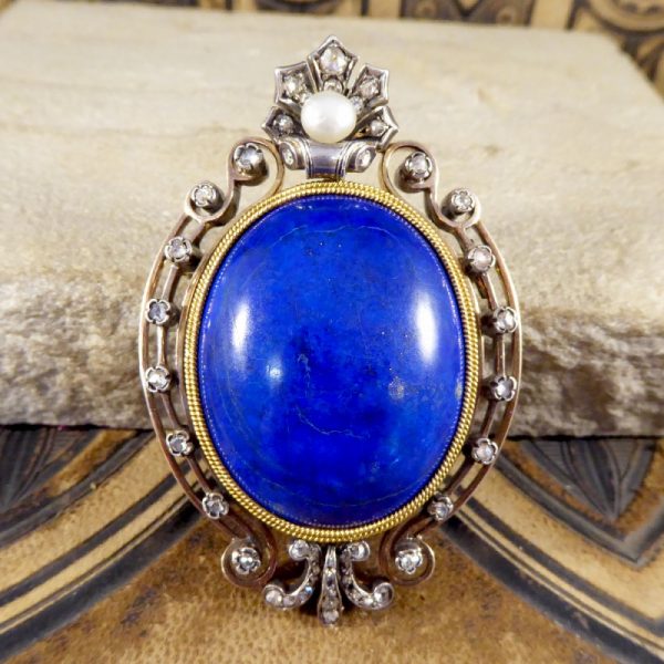 Antique Victorian Lapis Lazuli and Pearl Brooch