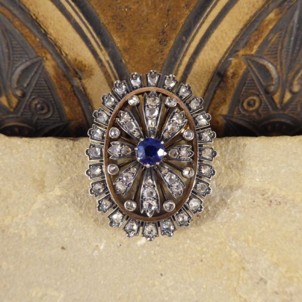Antique Victorian Sapphire and Diamond Cluster Brooch in Silver and Gold