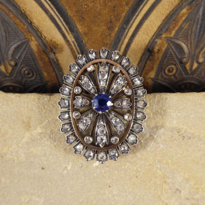 Antique Victorian Sapphire and Diamond Cluster Brooch in Silver and Gold