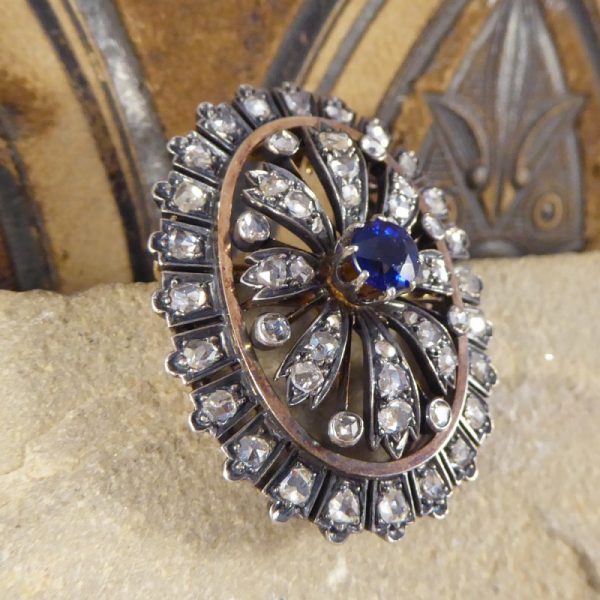 Antique Victorian Sapphire and Diamond Cluster Brooch in Silver and Gold