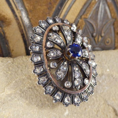 Antique Victorian Sapphire and Diamond Cluster Brooch in Silver and Gold