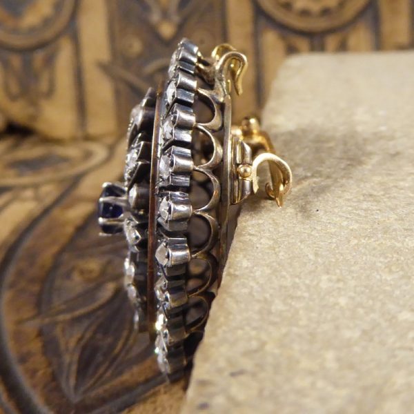 Antique Victorian Sapphire and Diamond Cluster Brooch in Silver and Gold