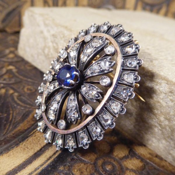 Antique Victorian Sapphire and Diamond Cluster Brooch in Silver and Gold
