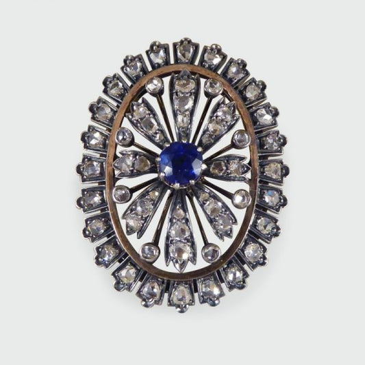 Antique Victorian Sapphire and Diamond Cluster Brooch in Silver and Gold