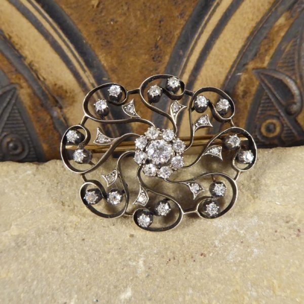 Antique Victorian 1.10ct Diamond Flower Cluster Brooch