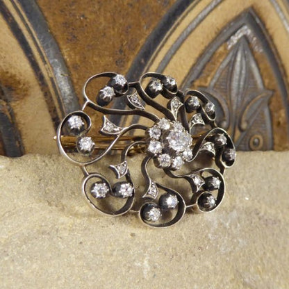 Antique Victorian 1.10ct Diamond Flower Cluster Brooch