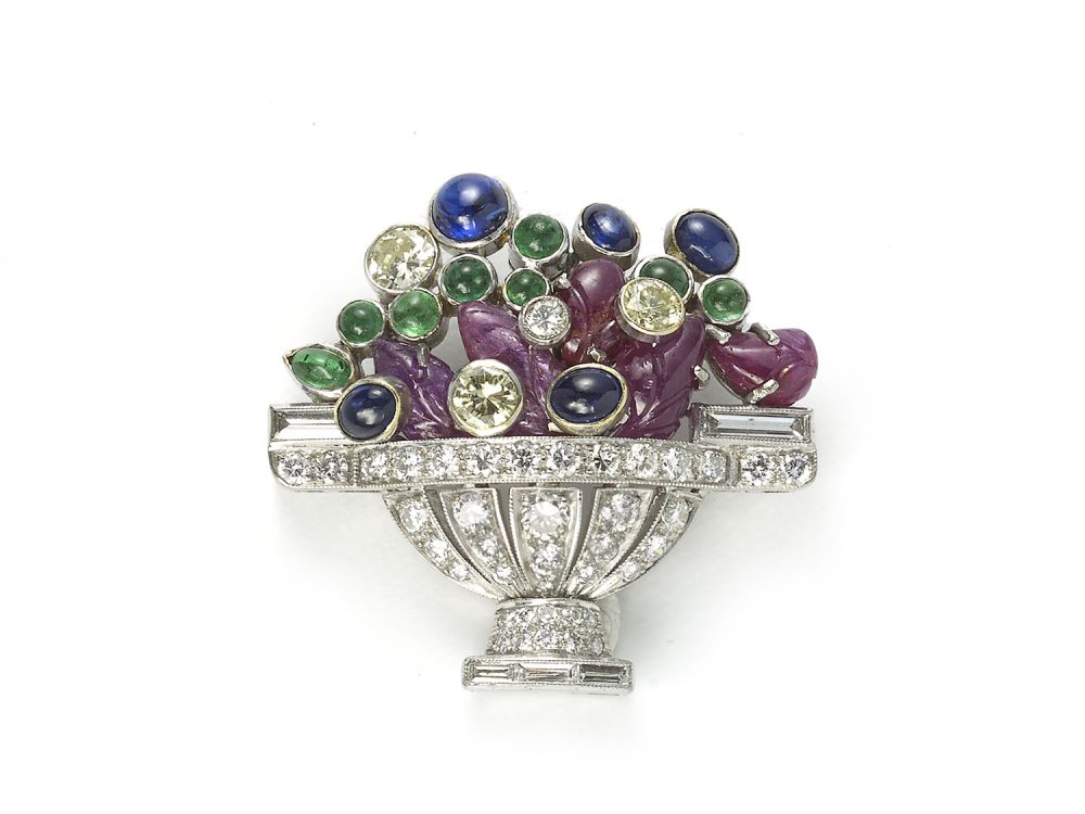1960s Sapphire Emerald Ruby Diamond Platinum Jardiniére Brooch