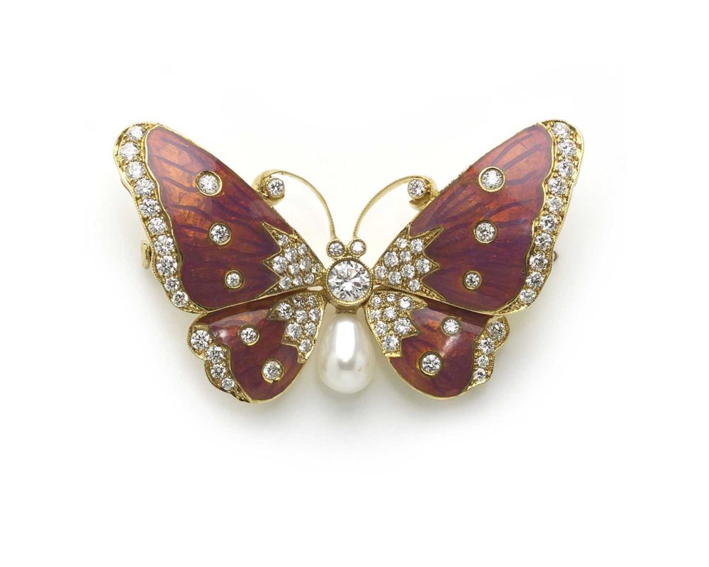 Pink Enamel Pearl Diamond Gold Butterfly Brooch