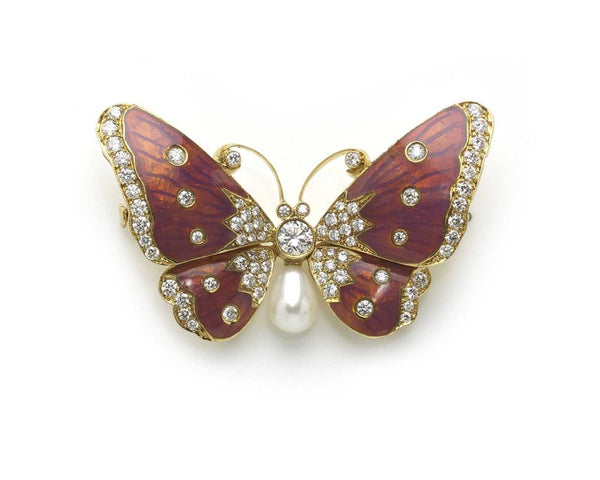 Pink Enamel Pearl Diamond Gold Butterfly Brooch