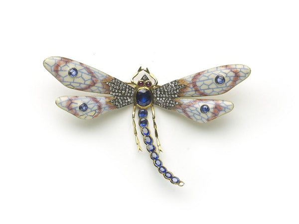 Enamel Sapphire Diamond Gold Dragonfly Brooch