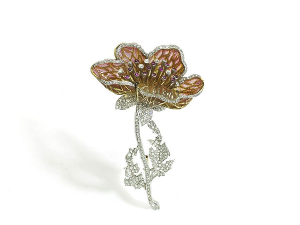 Orange to Yellow Enamel Diamond Poppy Brooch