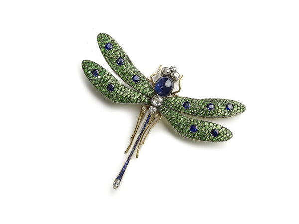 Green Garnet Sapphire Diamond Silver on Gold Dragonfly Brooch
