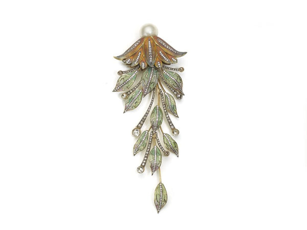 Pearl Diamond and Enamel Floral Brooch