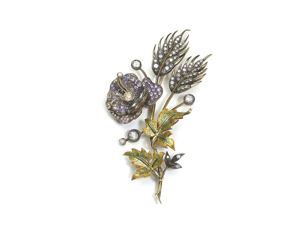 Enamel, Sapphire and Diamond Pansy Flower Brooch