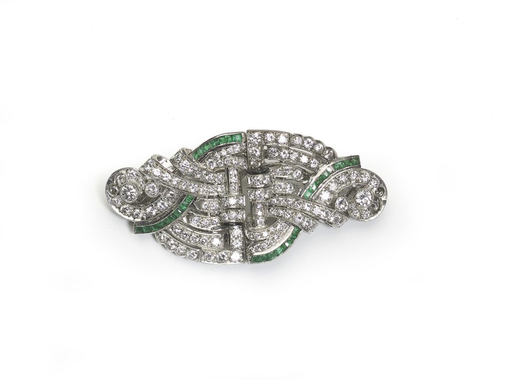 Antique Art Deco Emerald and Diamond Double Clip