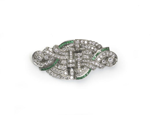 Antique Art Deco Emerald and Diamond Double Clip