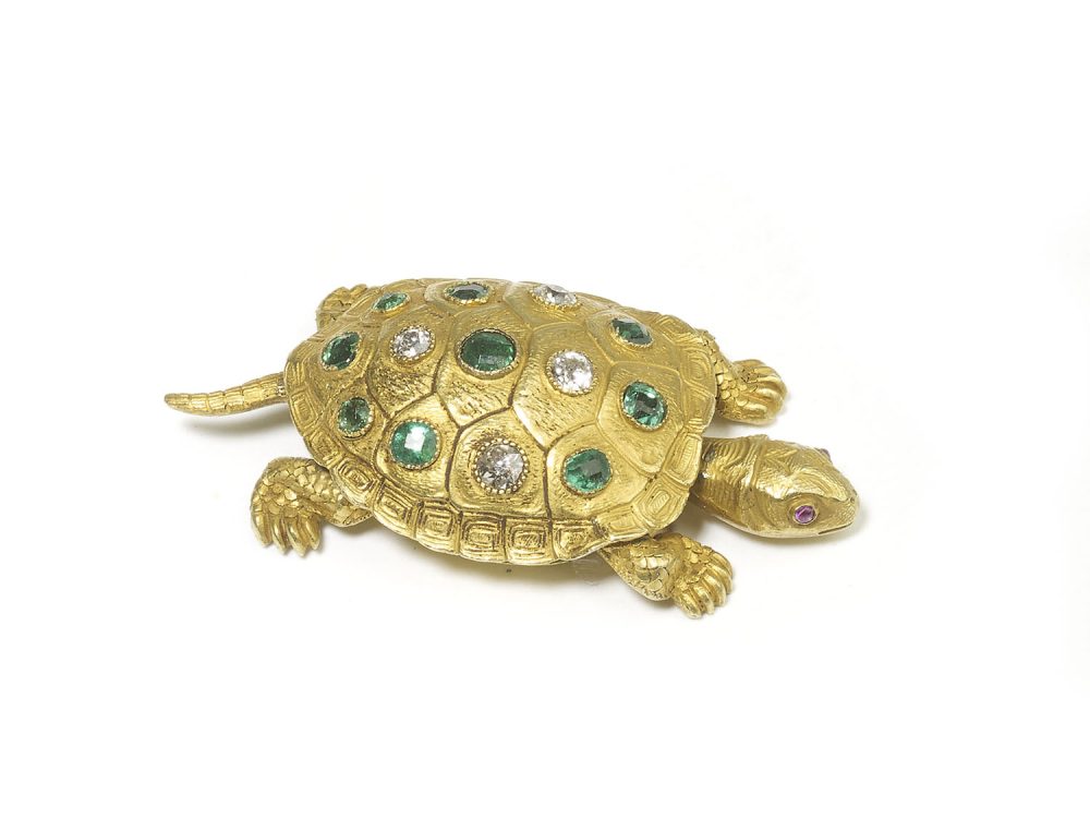 Antique Victorian Edmond Plisson Emerald Diamond Gold Turtle Brooch