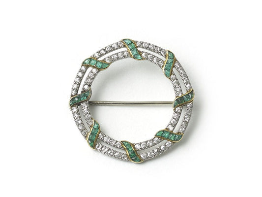 Antique Edwardian Emerald Diamond Platinum Circular Brooch