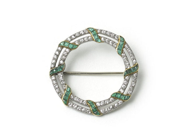 Antique Edwardian Emerald Diamond Platinum Circular Brooch
