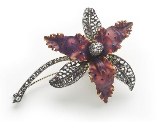 Moira Red Enamel, Diamond & Ruby Orchid Brooch