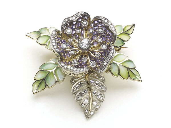 Purple Sapphire and Diamond Rose Flower Brooch