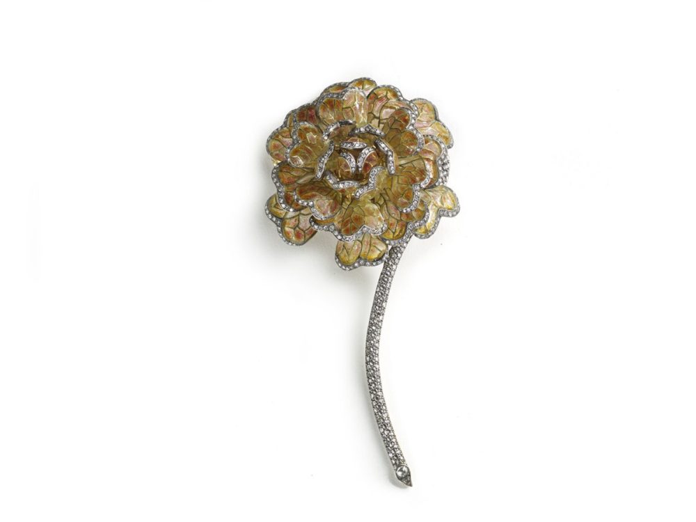 Enamel and Diamond Chrysanthemum Flower Brooch