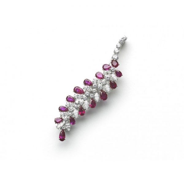 Vintage Burma Ruby & Diamond Leaf Brooch, Circa 1950