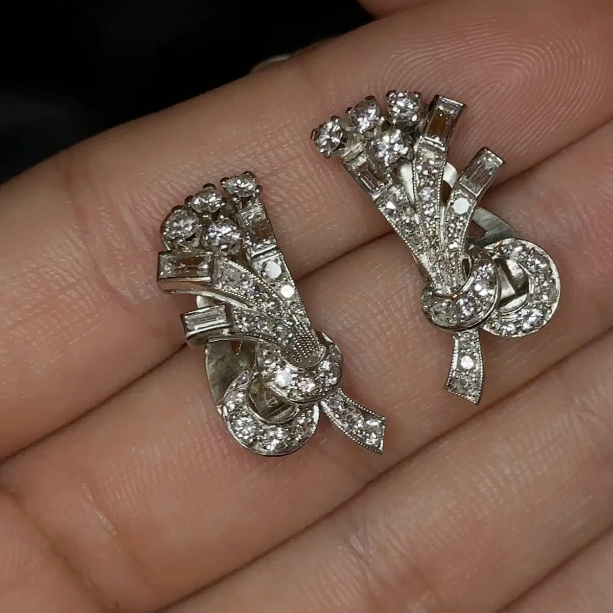 Vintage Baguette and Brilliant Cut Diamond Spray Earrings