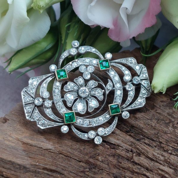 Belle Epoque Antique Emerald and Diamond Brooch