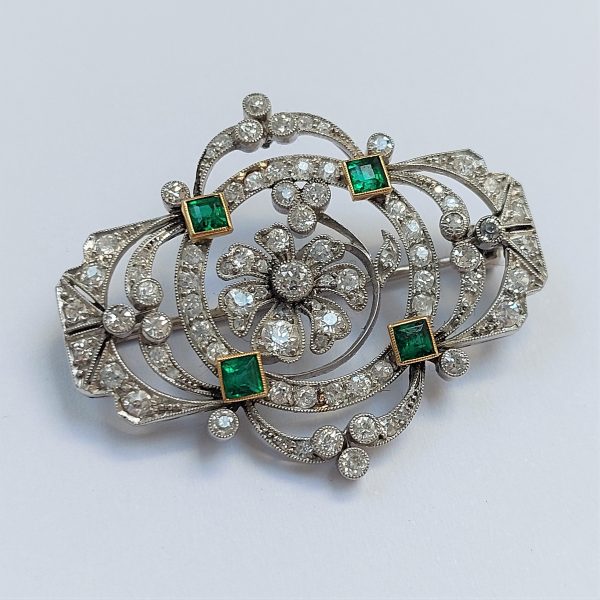 Belle Epoque Antique Emerald and Diamond Brooch