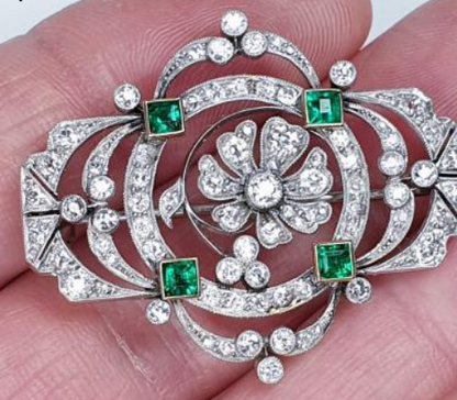 Belle Epoque Antique Emerald and Diamond Brooch