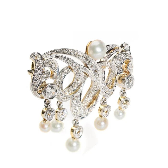 Antique Belle Epoque Natural Pearl and Old Cut Diamond Brooch by TB Starr