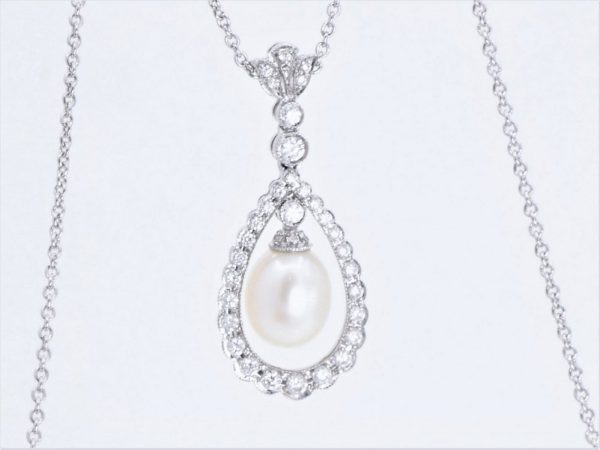Belle Epoque Style Pearl and Diamond Pendant Necklace