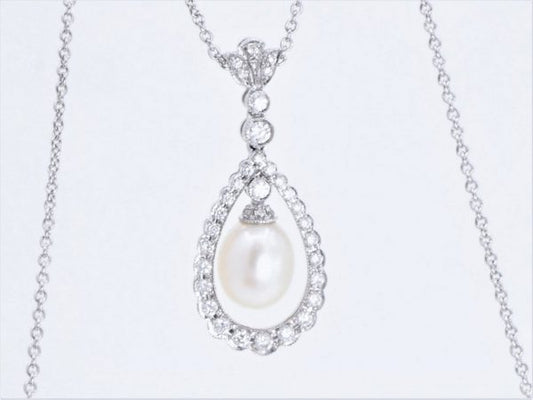 Belle Epoque Style Pearl and Diamond Pendant Necklace