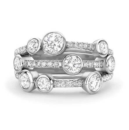 Boodles Waterfall Diamond Ring Classic Platinum, Inspired by the Raindance ring, the Waterfall ring features the iconic arrangement of diamond 'droplets' in an asymmetrical design over three bands which are then further accented with being set with smaller diamonds throughout