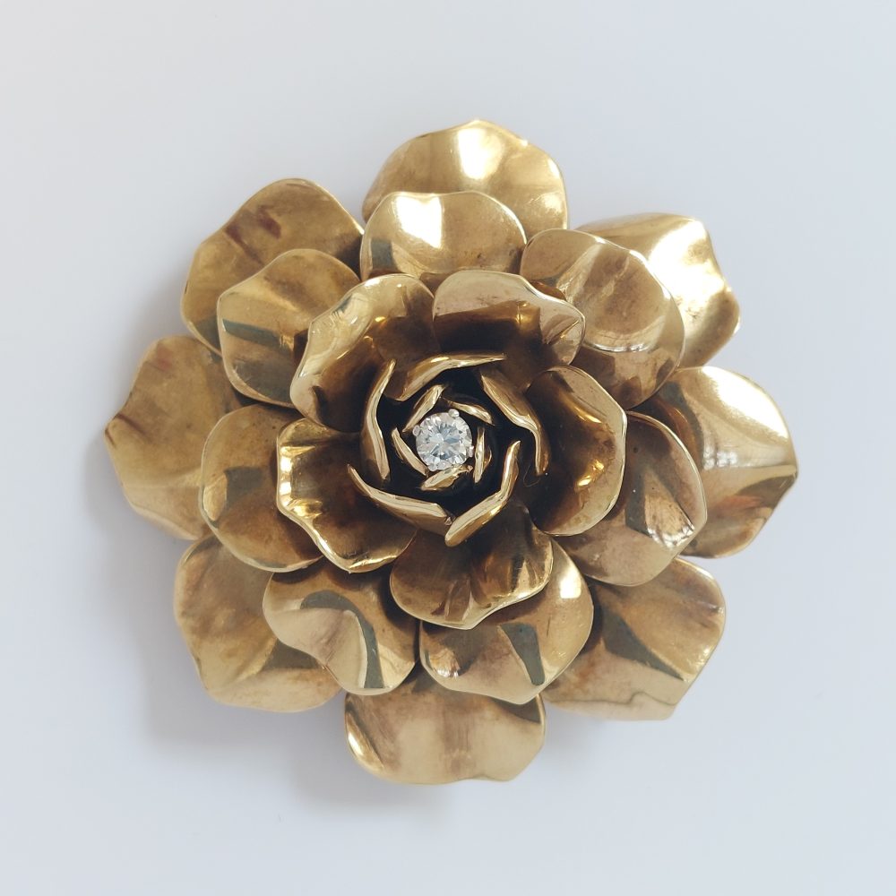 Boucheron Diamond Set Gold Rose Brooch