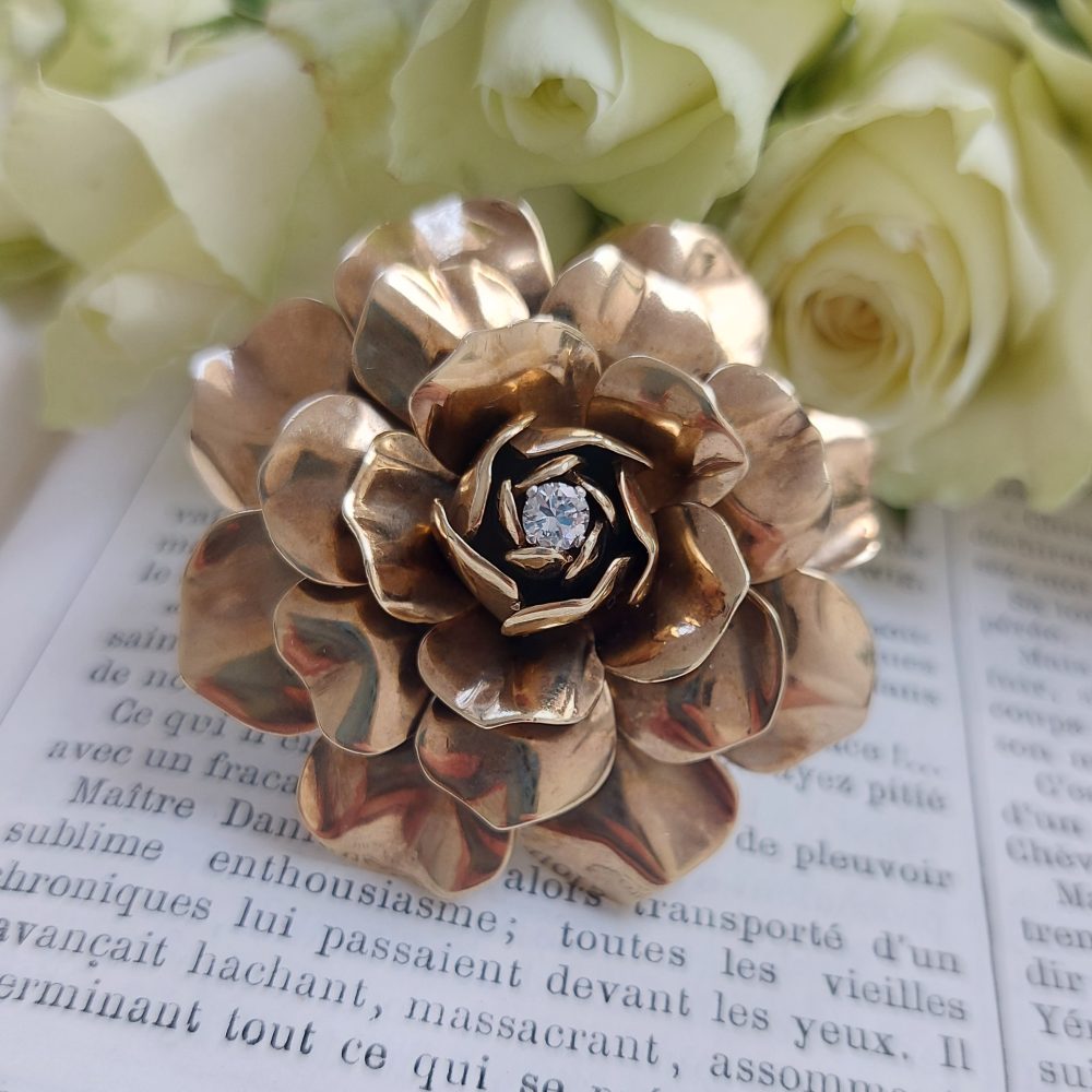 Boucheron Diamond Set Gold Rose Brooch