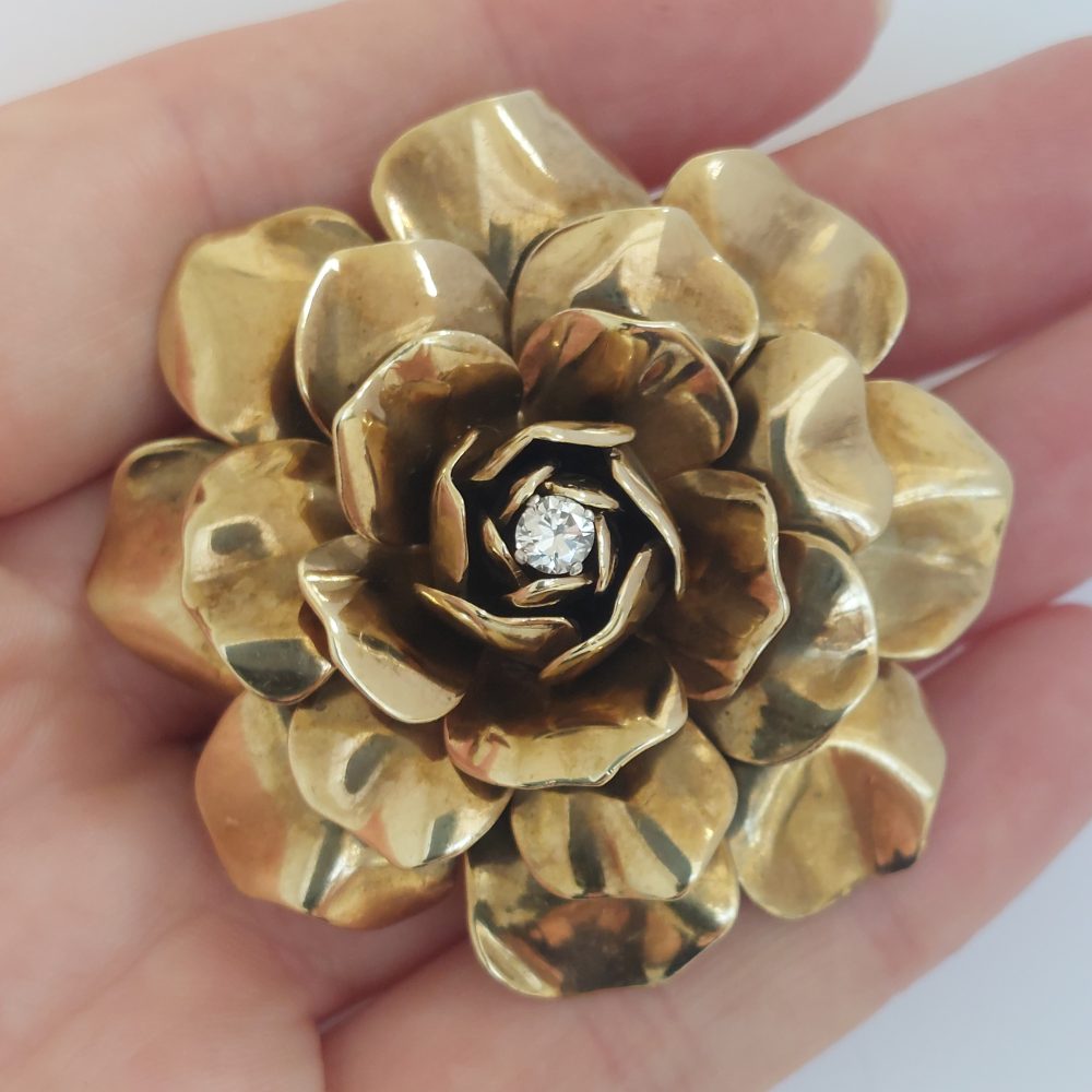Boucheron Diamond Set Gold Rose Brooch