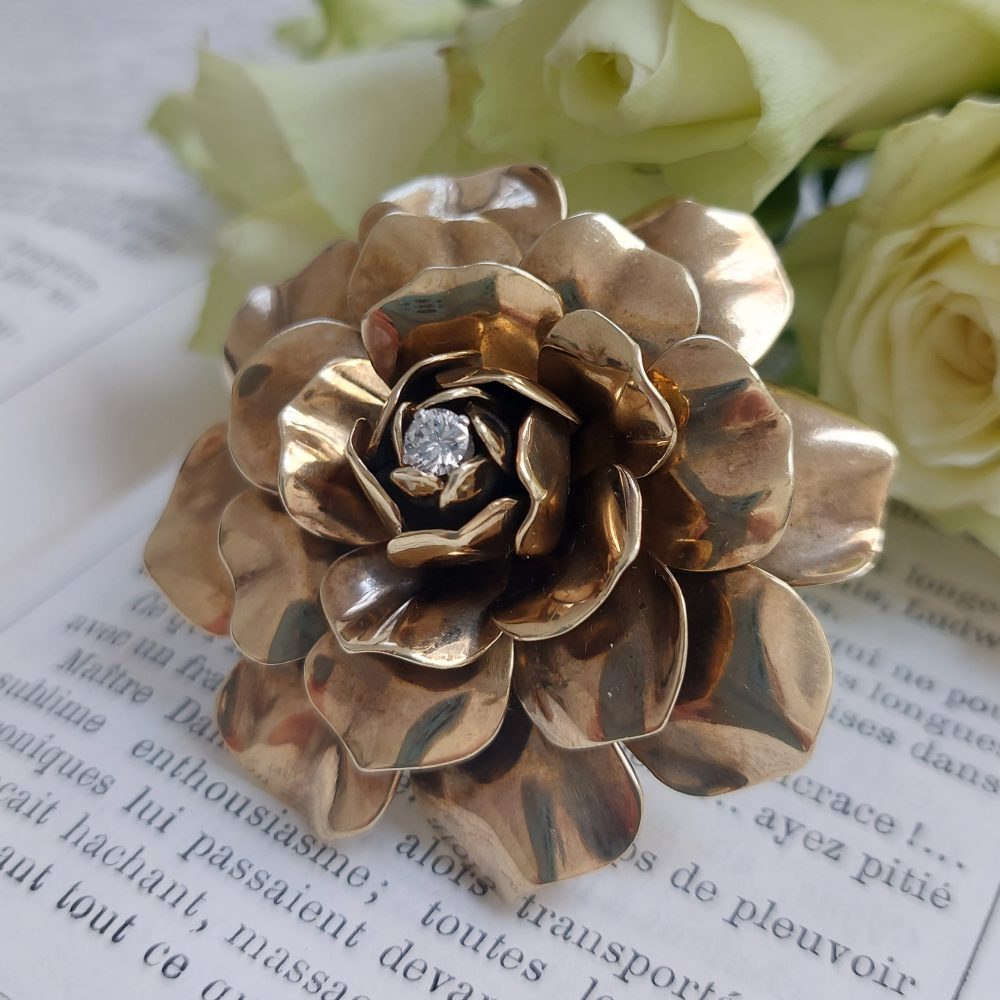 Boucheron Diamond Set Gold Rose Brooch