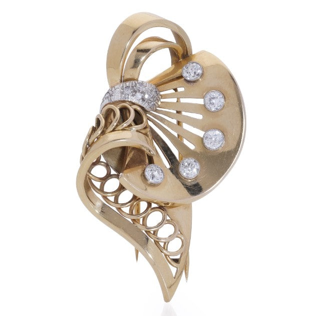 Vintage Retro Boucheron Diamond Set Gold Brooch, 1.41 carat total