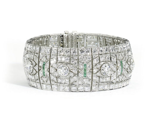 Antique Art Deco Emerald and Diamond Panel Bracelet Jewellery Discovery London