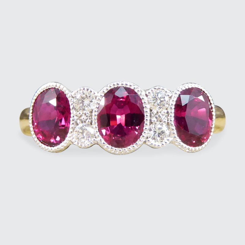 Burma Ruby 1.48ct Three Stone Ring with Diamond Spacers