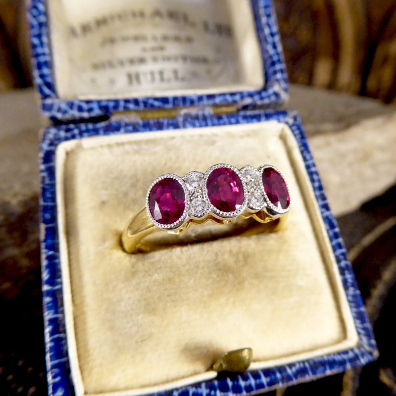 Burma Ruby 1.48ct Three Stone Ring with Diamond Spacers