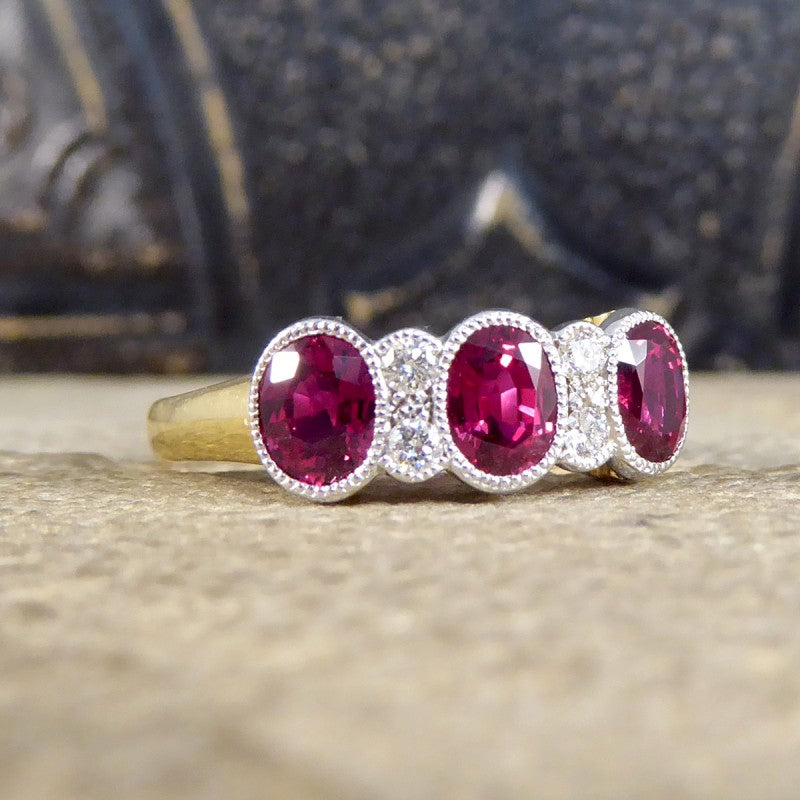 Burma Ruby 1.48ct Three Stone Ring with Diamond Spacers