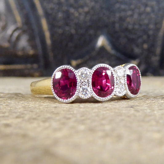 Burma Ruby 1.48ct Three Stone Ring with Diamond Spacers